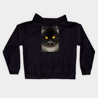 Portrait of Angry Fluffy Black Persian Cat Face Kids Hoodie